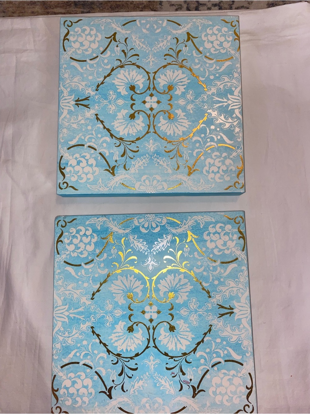 Aqua Blue Decorative Wall Panels with Gold Accents (Set of 2)